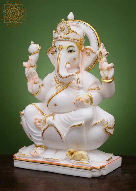 18 Lord Ganesha Seated On Lotus Handmade White Marble Ganesh