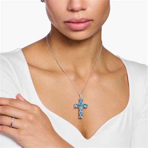 Thomas Sabo Anh Nger Kreuz Mit Aqua Und Weissen Steinen Silber Pe