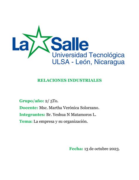 LA Empresa Y SU Organización RELACIONES INDUSTRIALES Grupo año 2 5