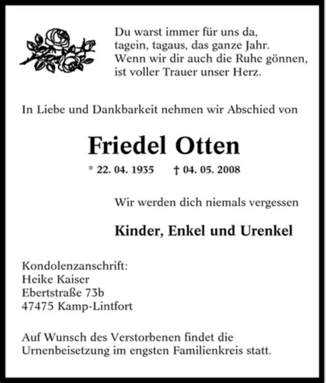 Traueranzeigen Von Friedel Otten Trauer In Nrw De