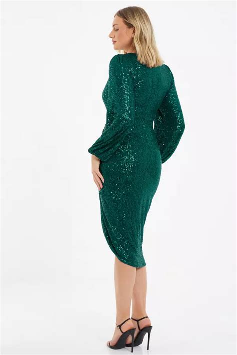 Bottle Green Sequin Ruched Midi Dress Quiz Clothing