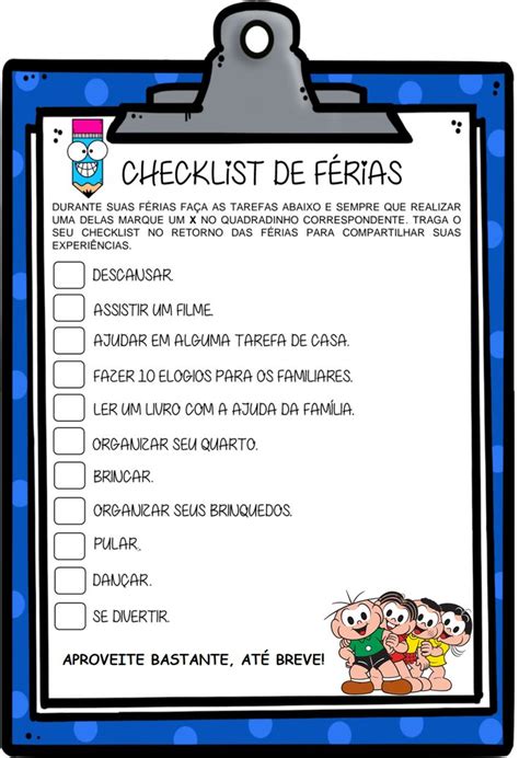 Checklist de férias Atividades de férias Atividades de férias