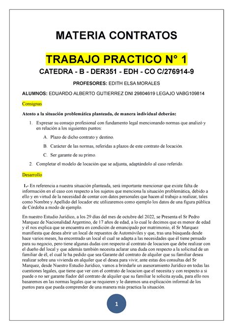 TP 1 Contratos Aprobado MATERIA CONTRATOS TRABAJO PRACTICO N 1