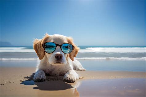 Un Perro Con Gafas De Sol En La Playa Foto Premium