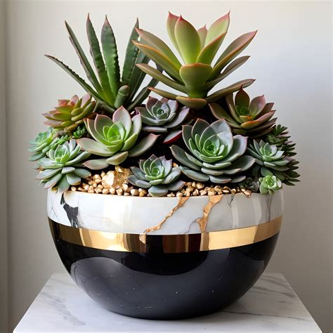 Giant Onyx And Gold Pot With Succulents Inside