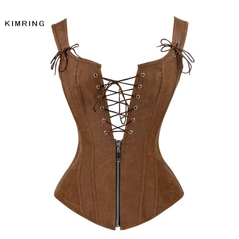 Kimring Sexy Steampunk Corset Retro Faux Leather Brown Corset Overbust