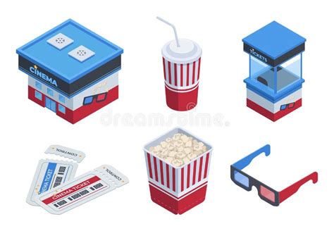 Isometric Movie Theatre Symbols Cinema Tickets D Glasses Popcorn