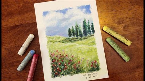 Hillside Meadow Oil Pastel Painting Pintando Org