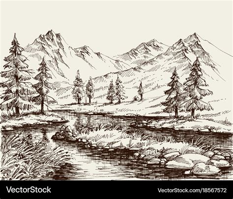 A River In The Mountains Sketch Royalty Free Vector Image