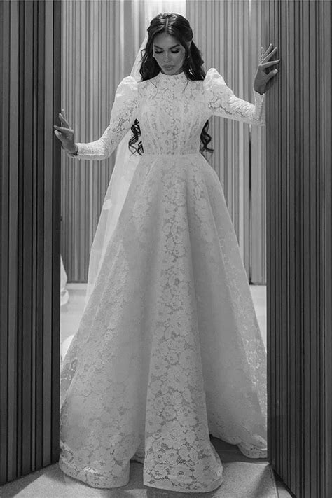 Romantic Lace Wedding Dress High Neck Long Sleeves Muslim Gown Tanya