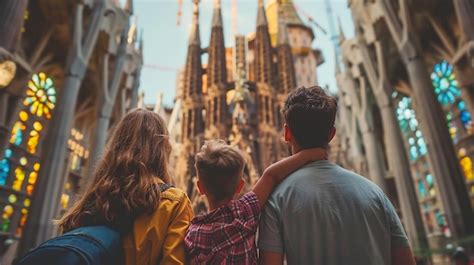 Una Familia Camina Por Una Calle Con Una Catedral En El Fondo Imagen