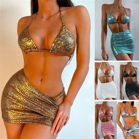 Women S 3 Piece Bathing Suits Halter Snake Pattern Bikini Set With Cover Up Skirt Summer