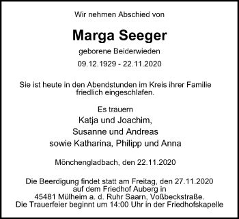 Traueranzeigen Von Marga Seeger Trauer In Nrw De