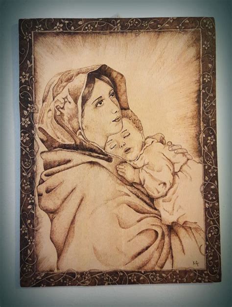 Madonna Con Bambino Pirografia Su Legno Di Faggio Pirografia