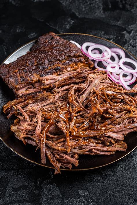 Bbq Pulled Pork Meat On Plate Black Background Stock Photo Image Of