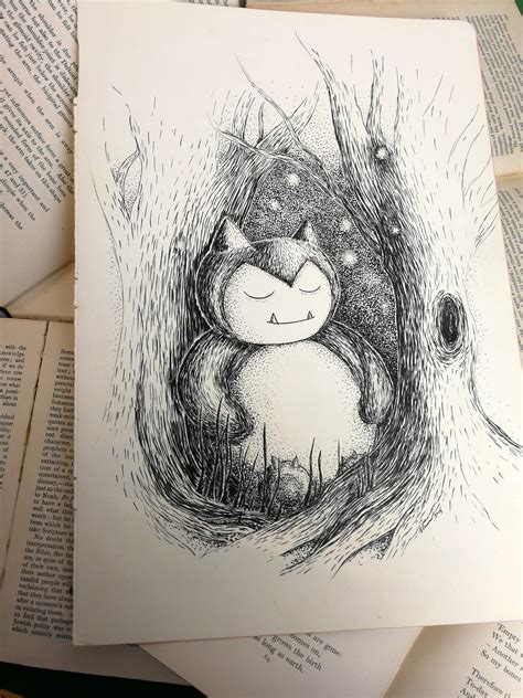 Snoozy Snorlax Original Ink Drawing Pokemon Inspired Art