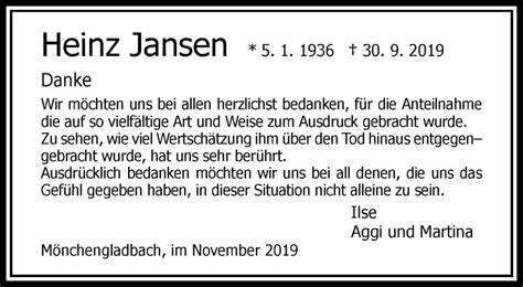 Traueranzeigen Von Heinz Jansen Trauer Und Gedenken