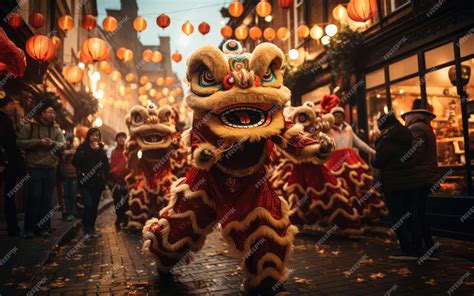 Premium AI Image | Lion dance performance in street at Chinese festival