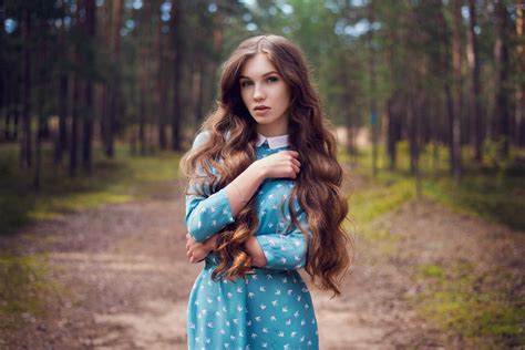 Wallpaper Dress Portrait Trees Blue Eyes Long Hair Women