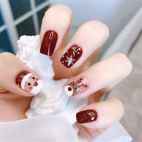 Christmas Press On Nails Short Square Fake Nails Red With Glitter Full Cover Glossy Acrylic