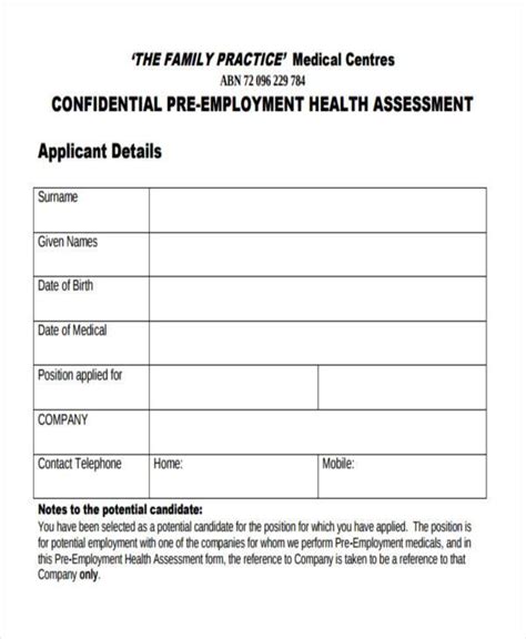 Pre Employment Medical Check Up Form Free 6 Assessment Form For