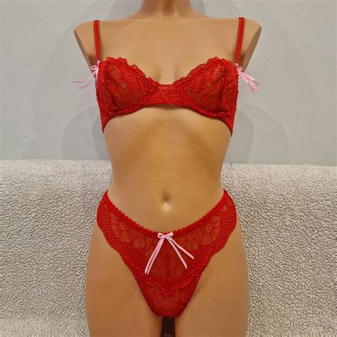 Red Lace Lingerie Set Handmade Bra And Knickers Panties Set Etsy