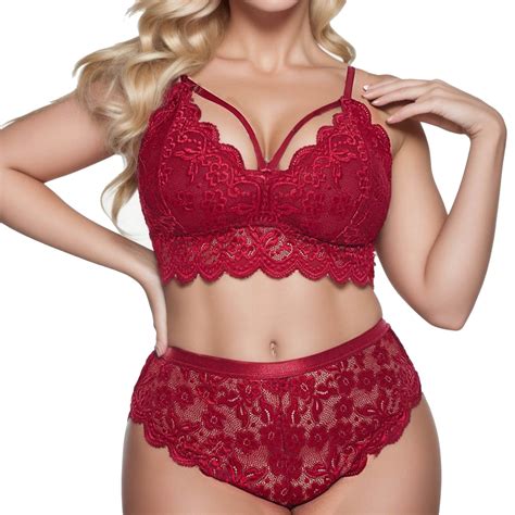 Plus Size Lingerie Set For Women Floral Lace Scallop Trim Garter