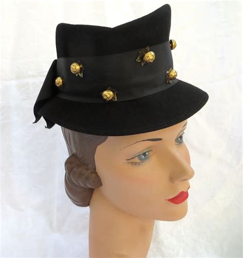 1940 S Black Felt Tilt Topper Top Hat Gold Studs Ridi Gem