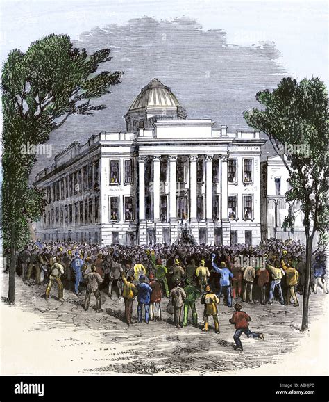 Surrender of the Louisiana State House to the White League mob 1874. Hand-colored woodcut Stock ...