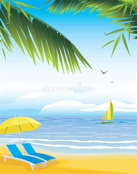 Panoramic Vector Beach View Illustration With Palms And Parasol Black