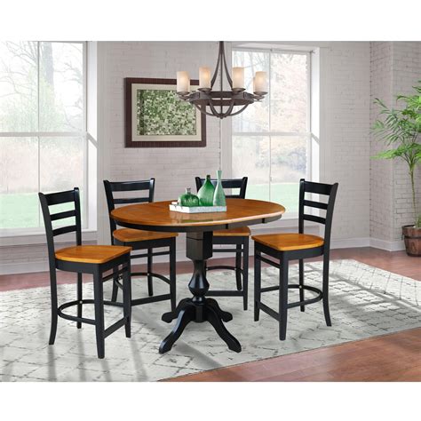 36 Round Solid Wood Counter Height Extension Dining Table With 12 Leaf And 4 Emily Counter