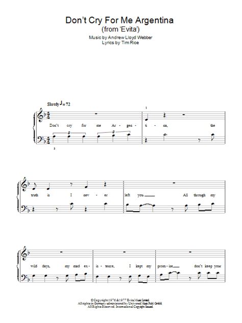 Dont Cry For Me Argentina By Andrew Lloyd Webber Sheet Music For Easy