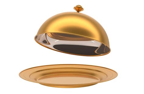 Premium Photo Gold Tray With Open Cloche 3d Render Realistic Mockup Empty Plate With