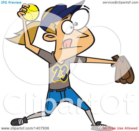 Clipart Of A Cartoon Caucasian Girl Throwing A Softball Royalty Free