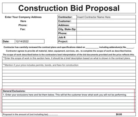 Construction Bid Proposal Example Free Template Guide