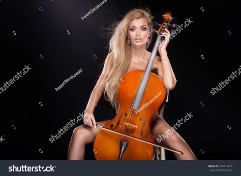 Attractive Sexy Musician Playing Cello Naked Stock Photo 259719074