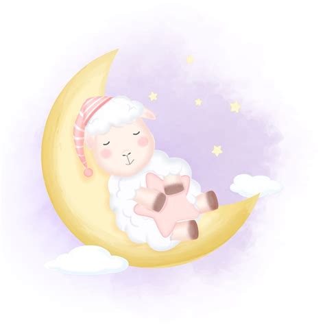 Premium Vector | Cute baby sheep sleeping on the moon illustration