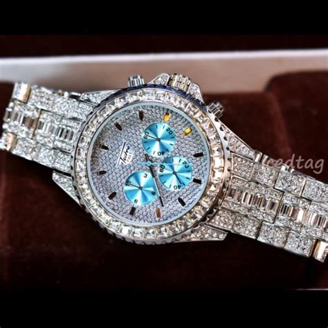 Accessories | Full Iced Out Chronograph Stylish Aqua Face Watch | Poshmark