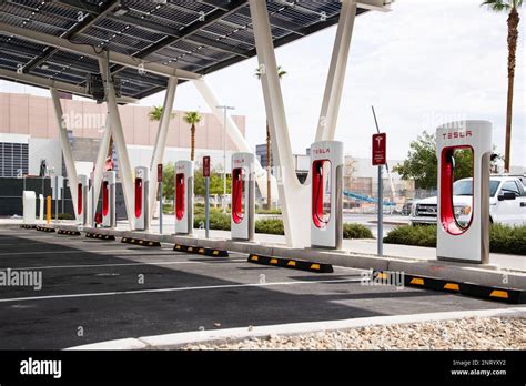 A Row Of Tesla Supercharger Stations Are Pictured Next To The LINQ High