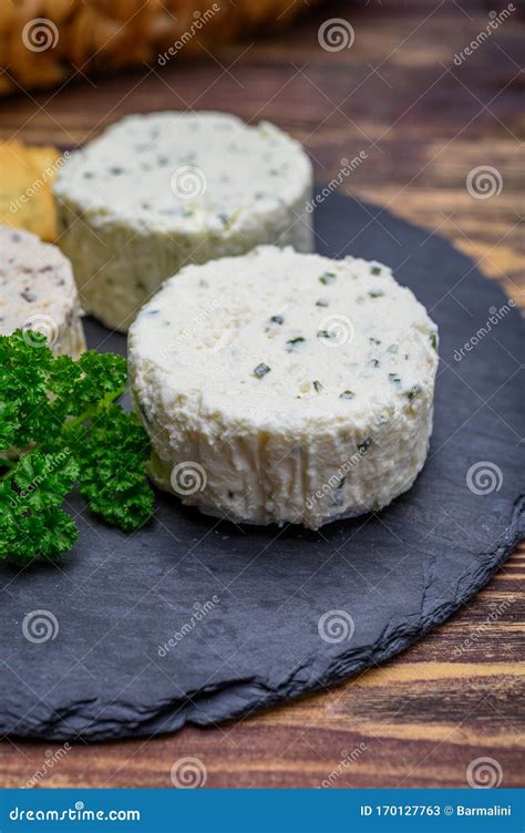 Spread Cream Cheese With Herbs Garlic Chives And Spices Close Up