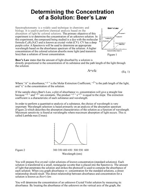 Chem 181 4 Beers Law Beer Lab Pre Lab Determining The