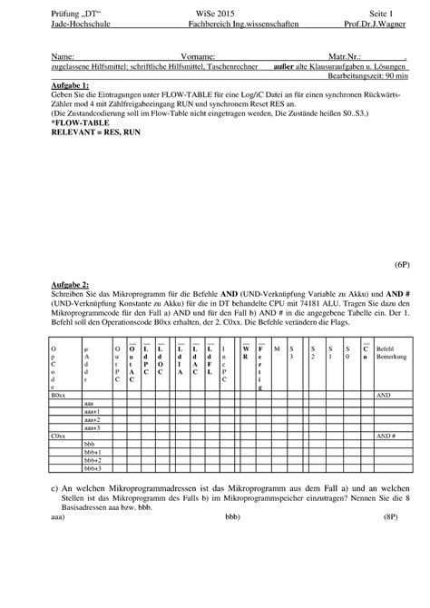 Dt Klausur Ws Klausur Jade Hochschule Fachbereich Ing Prof Dr J