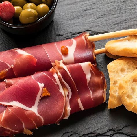 Premium Ai Image Spanish Serrano Ham With Olives And Breadstick On