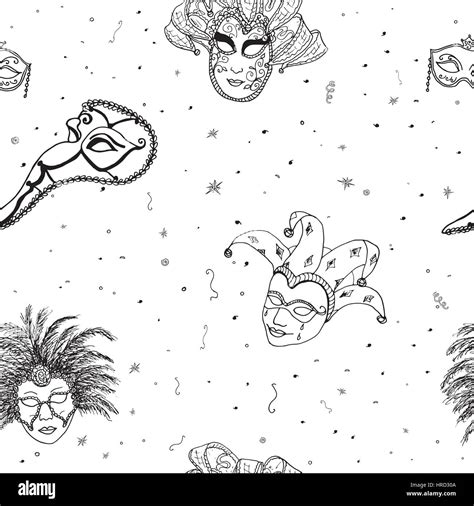 Venice Italy Carnival Masks Seamless Pattern Hand Drawn Sketch Italian