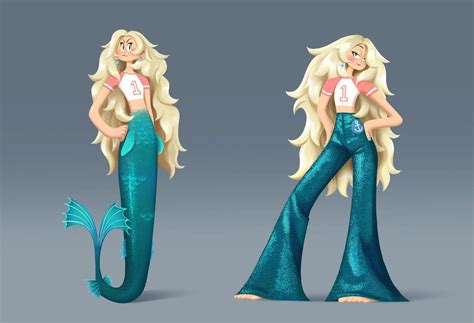 A Cartoon Mermaid With Long Blonde Hair And Blue Pants Standing Next