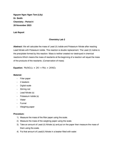 Chemistry Lab Report Nguyen Ngoc Ngan Tam Lily Dr Smith Chemistry