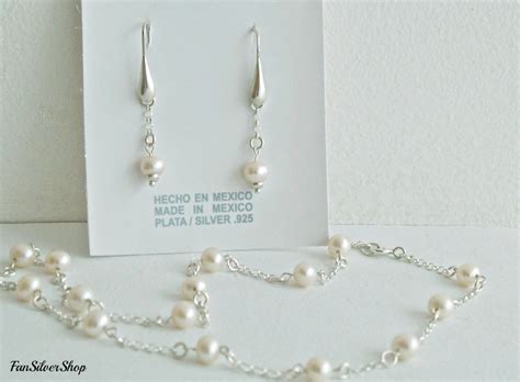 Sterling Silver Pearl Jewelry Set Freshwater Pearl Necklace Earrings Brides Jewelry Wedding