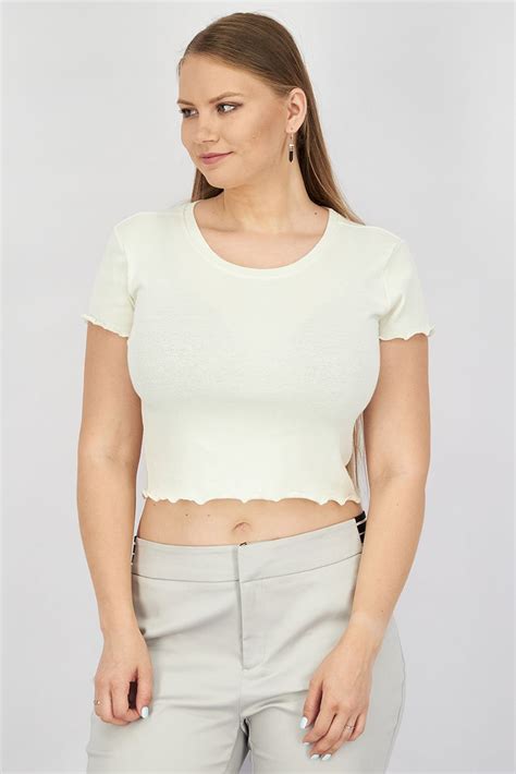 Buy Sinsay Women Round Neck Short Sleeve Ribbed Crop Top Ivory Online Brands For Less