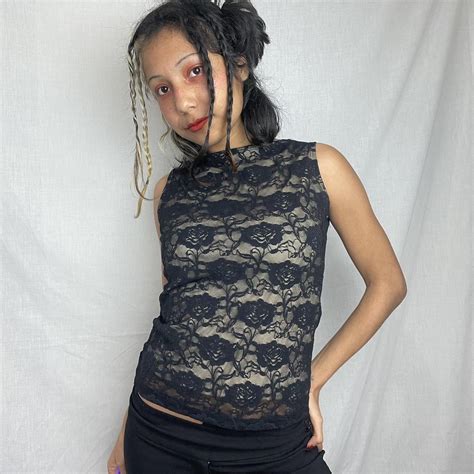 Boho Goth Fairy Vintage S Lace Tank Nude Lining Depop