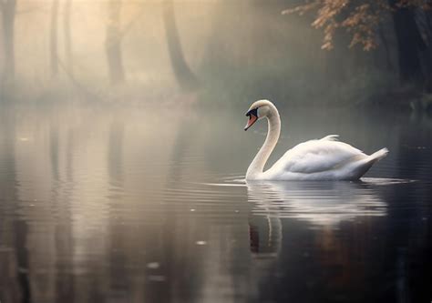 Hay Un Cisne Blanco Nadando En Un Lago Con Niebla Generativa Ai Foto